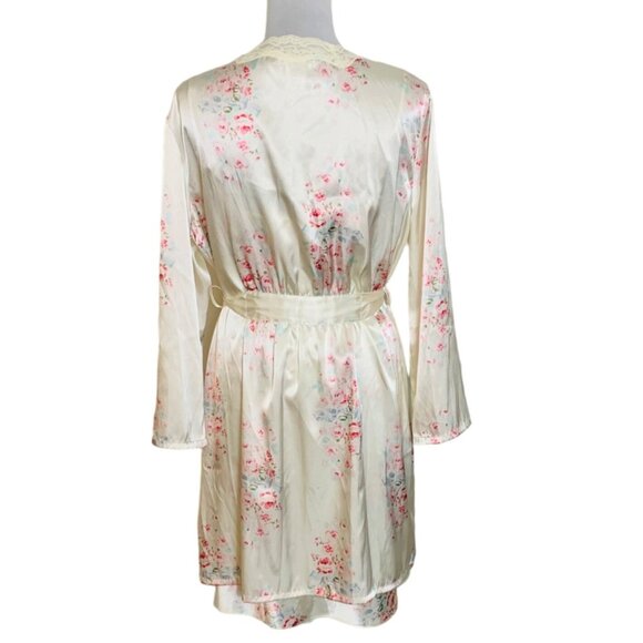 Pink K Floral Sleepwear Size L Satin Robe Nightgown Set Lace Trim Belted VTG Y2K - Picture 3 of 16